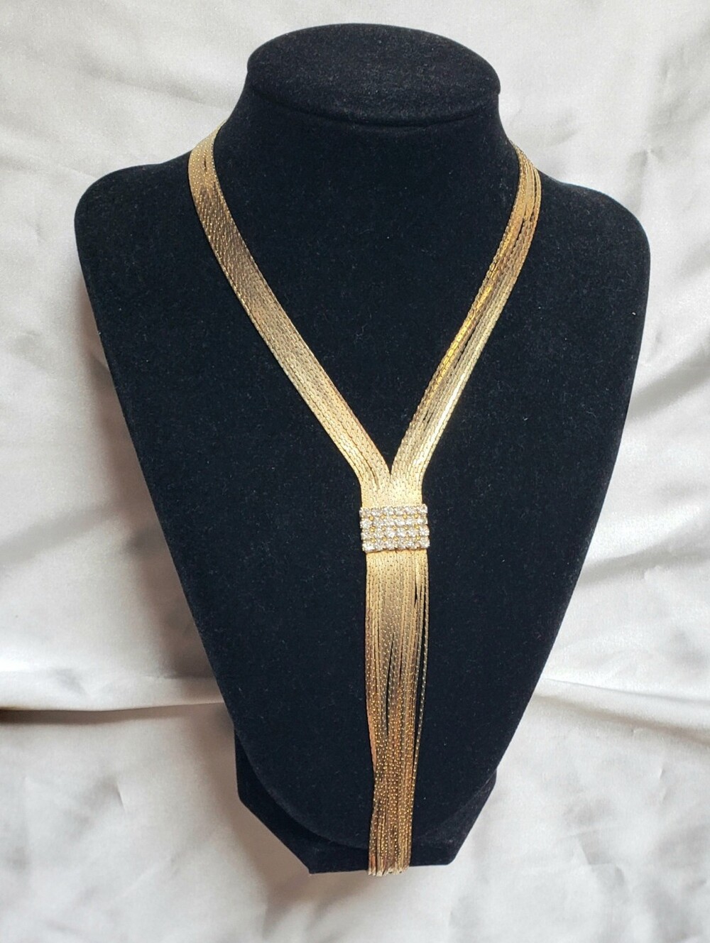 Vintage 90s Minimalist Multistrand Necklace Gold Tone Lariat Bolo Rhinestone